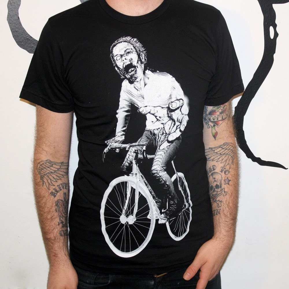 Mens ZOMBIE on bicycle shirt - American Apparel Short Sleeved Black T Shirt