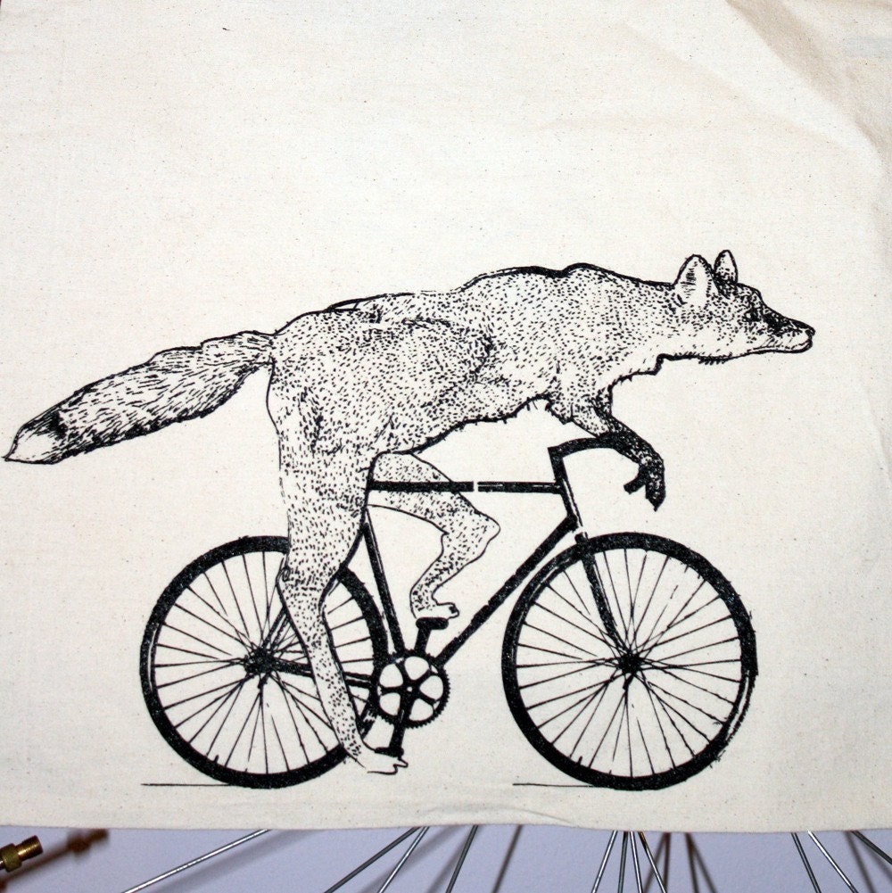 Fox on a Bike Tote - Natural Cotton Bag