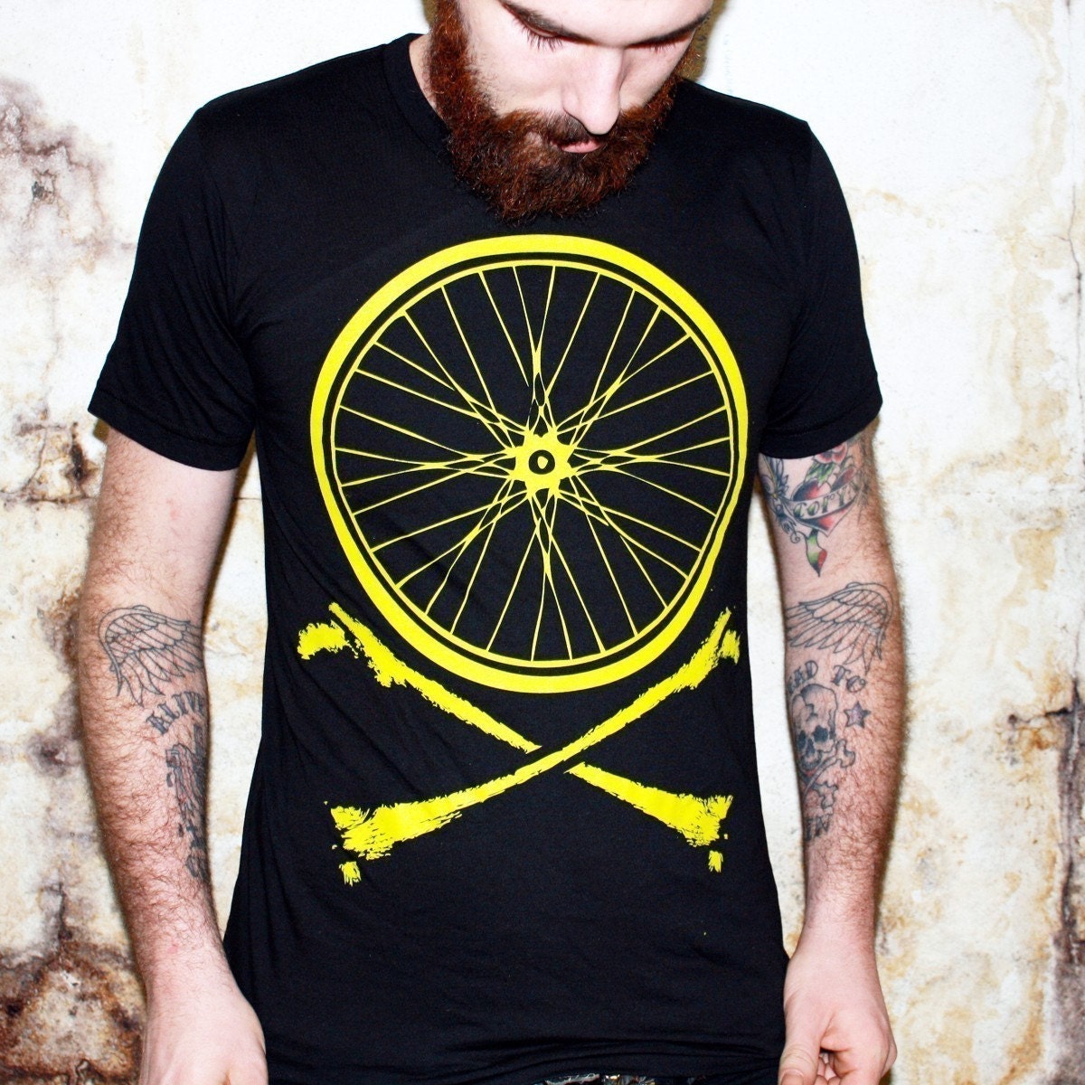 Bike Wheel and Crossbones T-Shirt - Chartreuse Bicycle Print on American Apparel TShirt - Available in XS, S, M, L, XL and XXL