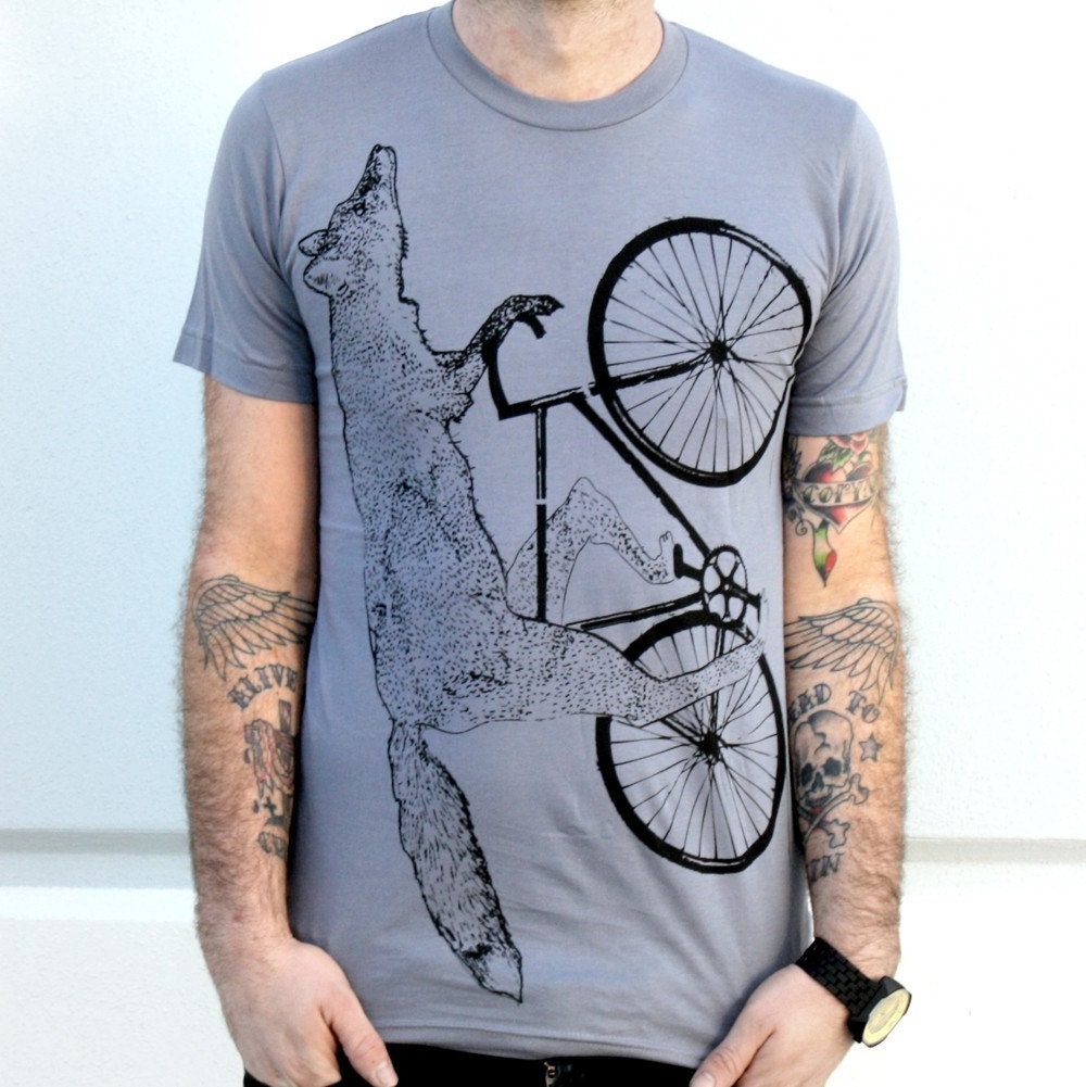 Fox on a Bike - Gray Unisex Shirt - Grey American Apparel TShirt - Complimentary Shipping - Available in xs, s, m, l, xl and xxl