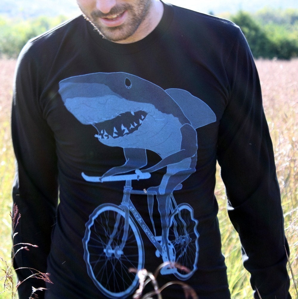 Choose your animal on a bike print on a black long sleeve American Apparel shirt - Available in S, M, L, XL and XXL