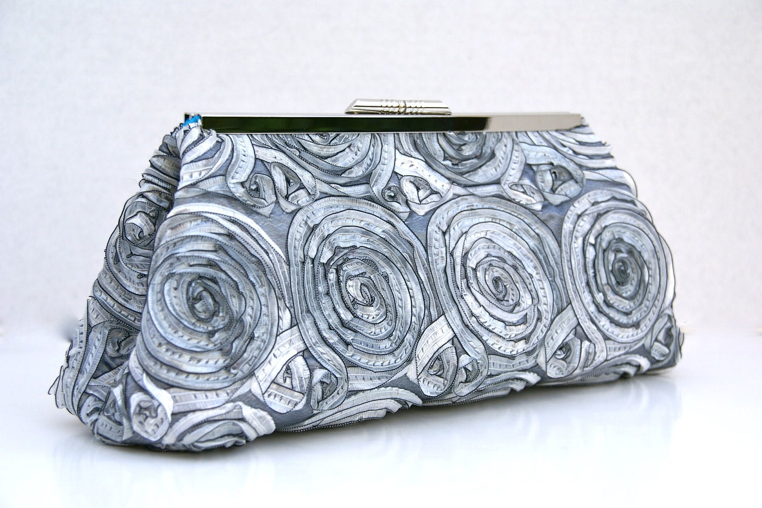 Silver Clutch for Bridesmaids Clutch in Rosette Satin lined in Turquoise Blue
