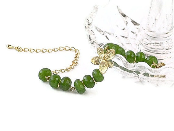 Gold orchid and green jade bracelet. Graduation anniversary bridesmaids jewelry. Summer trend