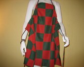 Grilling Red Green Check Apron Full Length Reversible Drawstring Pulls through casing to Adjust around Neck Ties in Back
