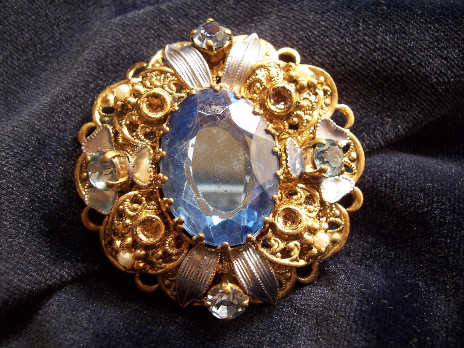 Vintage Faux Pearl, Blue Glass Rhinestone and Enamel Flowers Filigree Brooch Pin