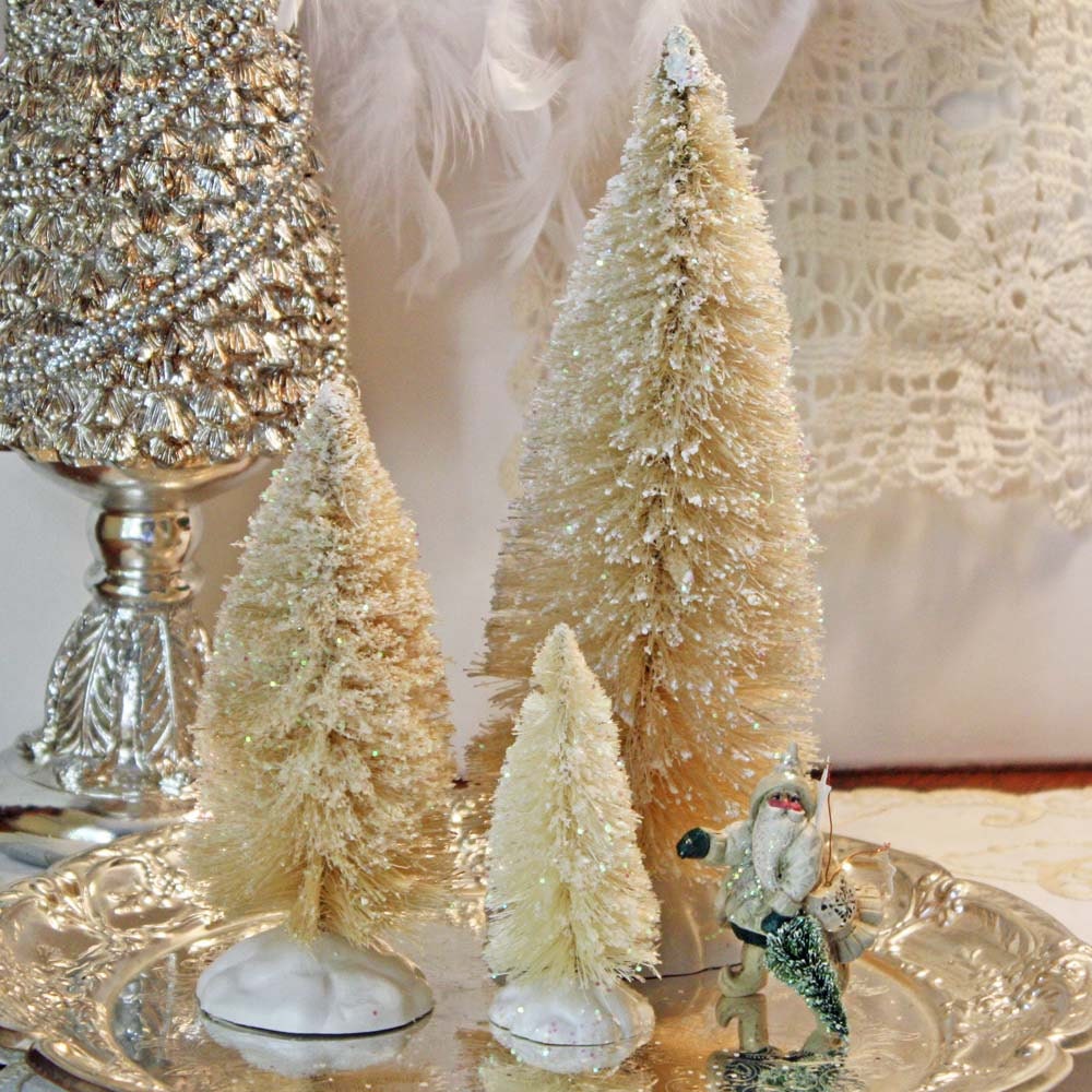 Bottle Brush Tree Set: 3 White Glittered Christmas Trees Bottlebrush Vintage Inspired Decor