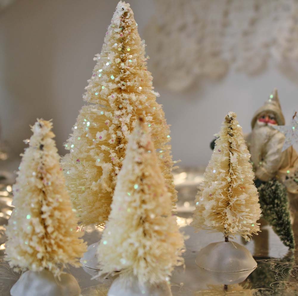 4 White Glittered Bottlebrush Trees: Set Bottle Brush Christmas Trees