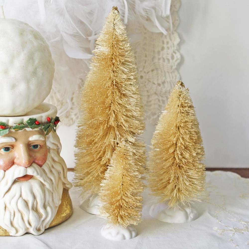 3 Large Gold Bottlebrush Christmas Trees Vintage Inspired Glitter Bottle Brush Trees