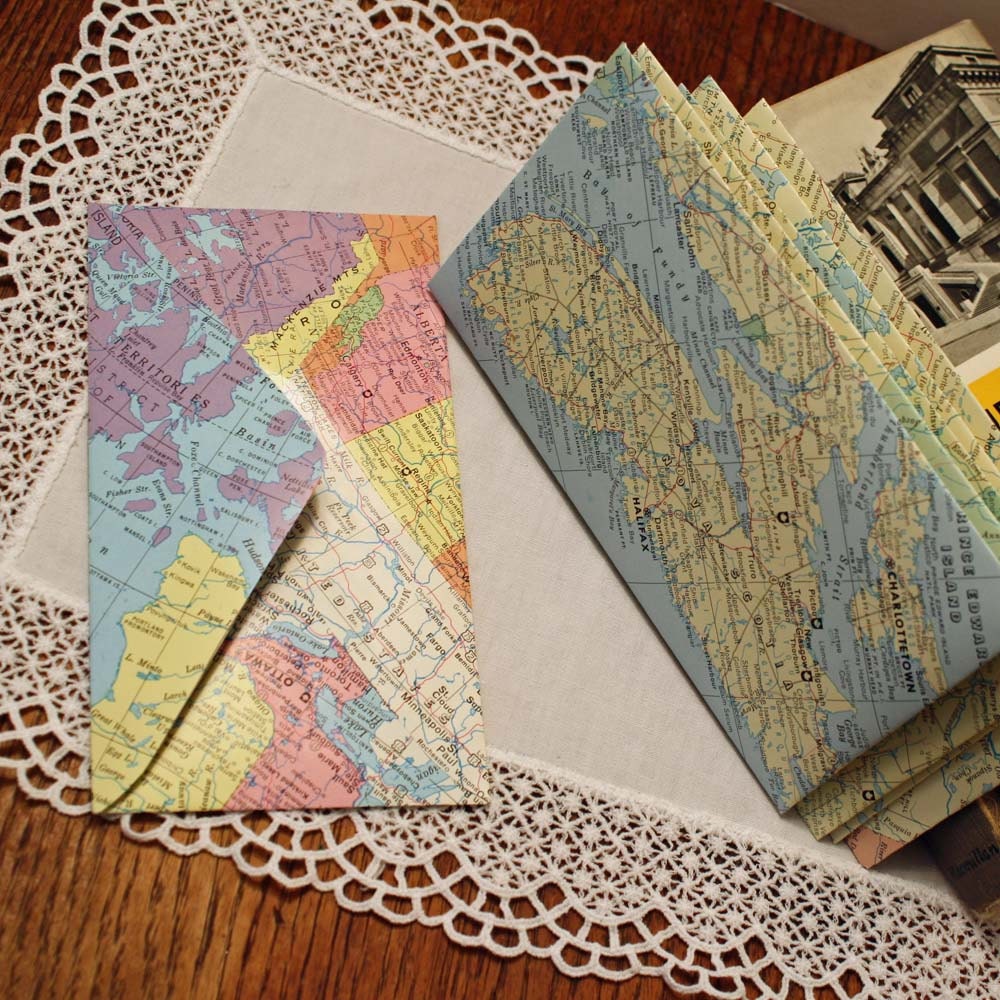 Handmade Envelopes made from Old World Atlas Set of 6 Map Envelopes