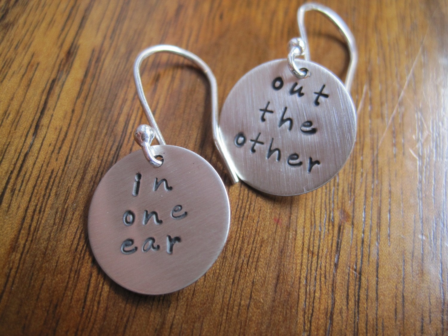In One Ear  Out the Other Silver Charm Earrings - Personalized Earrings - Hand Stamped Earrings - Dangle Earrings - Whimsical Jewelry