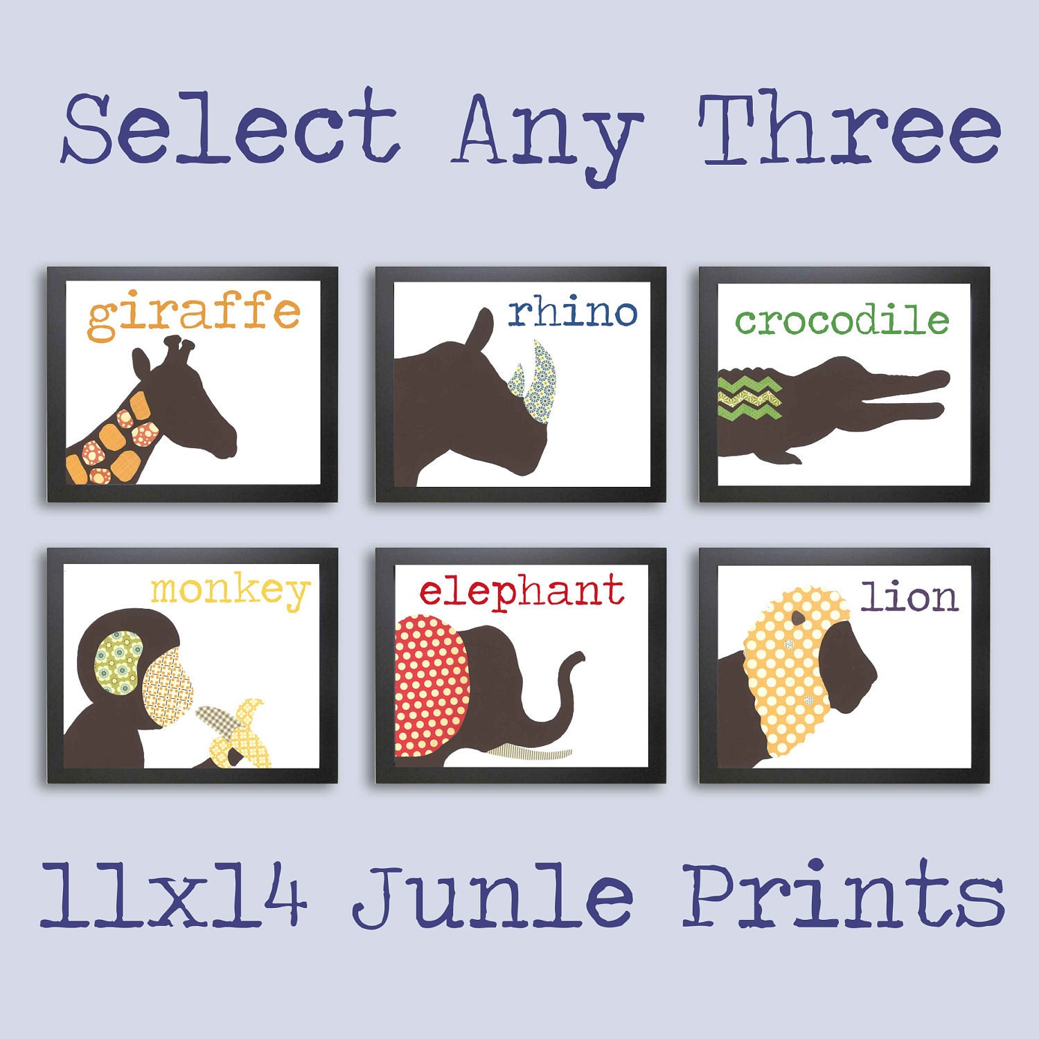 Nursery Art, Children's PRINT - Jungle Animals, Art for Children, Children Decor, Jungle Decor, Monkey, Lion, Giraffe, Tiger, 3 11 x 14