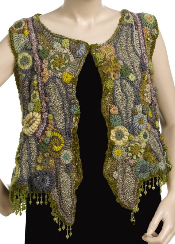 Green Womens Vest OOAK Freeform Crochet Wearable Art, Crystal Grove