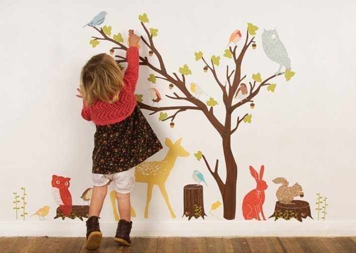 Wall Decals Woodland (Reusable and removable fabric stickers, not vinyl) - Discount set - Retro Woodland Scene