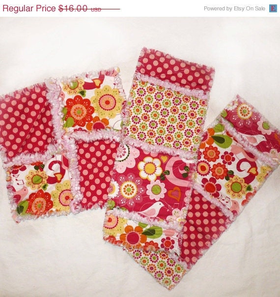 On Sale Rag Quilt & Burp Cloth  Set - Yellow, Orange and Pink Floral and Birds Lovey - Girl