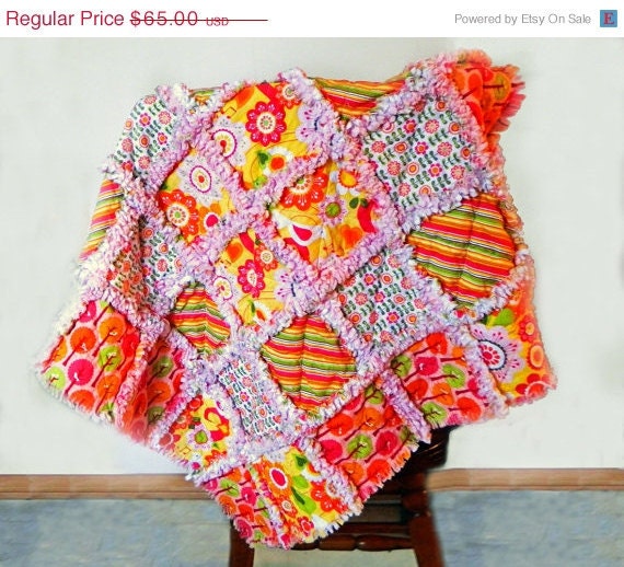On Sale Girl Baby Quilt -  Pink, Orange, Green, & Yellow Flowers and Dots - ready to ship