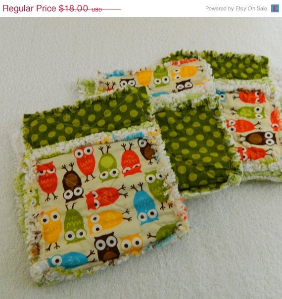 On Sale Owl Burp Cloths -Brown, Green, & Blue  Rag Style - Set of 3
