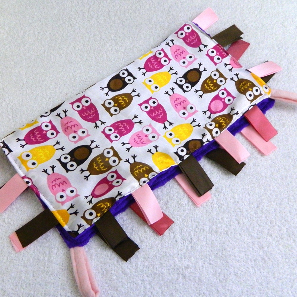 On Sale Owl Ribbon Blanket Pink, Purple, Yellow & Brown Ribbon Blanket - Satin and Minky Lovey