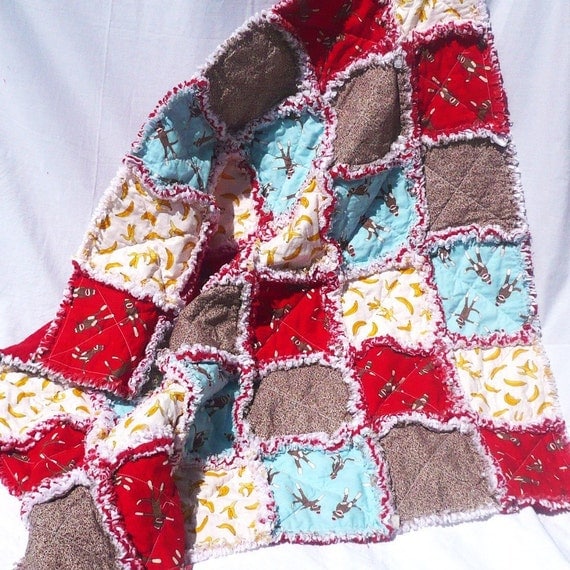 Sock Monkey Baby Rag Quilt - Blue, Red, Brown and Yellow