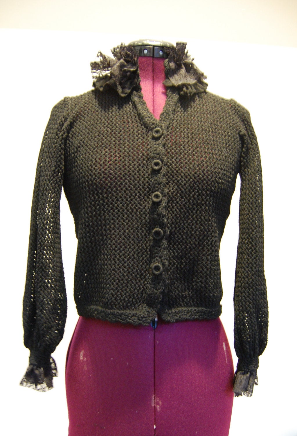 Vintage knit Victorian inspired up cycled repurposed black goth sweater with lace ruffles