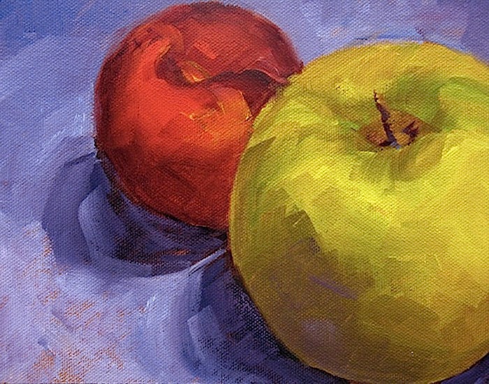 Apple And Plum, Still Life Fruit Painting, Kitchen Art  by Marina Petro