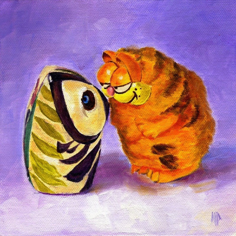 Kiss Me, Garfield Cartoon Character Cat Oil Painting by Marina Petro