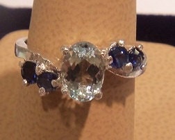 Aqua Marine and Sapphires in Sterling Silver Ring East West Blue on Blue