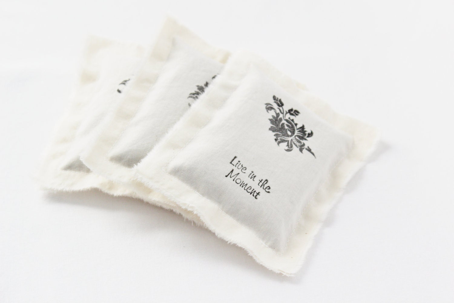 Shabby Cottage Chic Lavender Bud Sachets Valentine's Day Black Rose on Cream Live in the Moment Dream Pillows