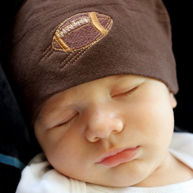 SALE - Chocolate Brown Football Embroidered American Apparel Baby Knot Hat