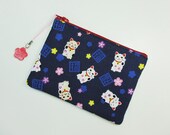 Maneki-neko Zipper Pouch/ Coin Purse - indigo blue