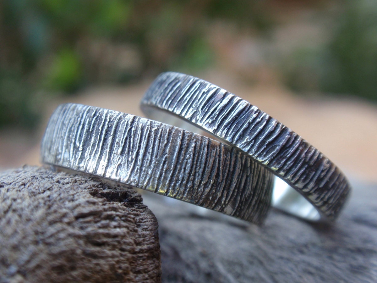 wedding rings handmade sterling silver wedding band set oxidized bark texture 5mm & 4mm - made to order