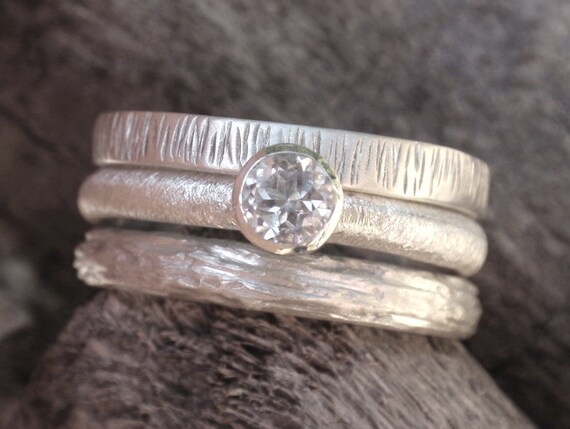 engagement ring set in sterling silver - 4mm natural white topaz gemstone - stacking rings set of 3 - made to order
