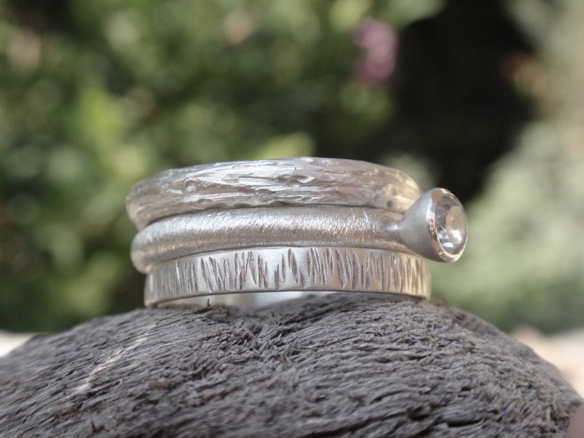 engagement ring set in sterling silver - 4mm natural white topaz gemstone - stacking rings set of 3 - made to order