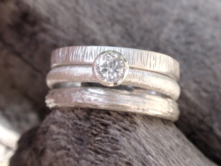 engagement ring set in sterling silver - 4mm natural white topaz gemstone - stacking rings set of 3 - made to order