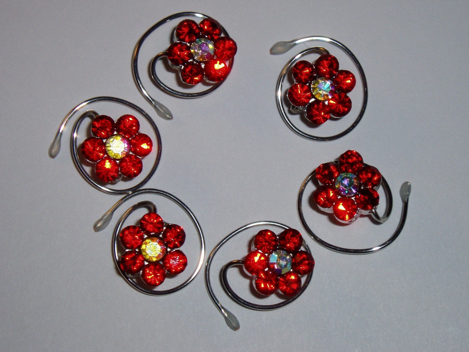 Sparkling Swarovski Red Flower Hair Swirls Twists Spins Spirals Coils Hair Jewels