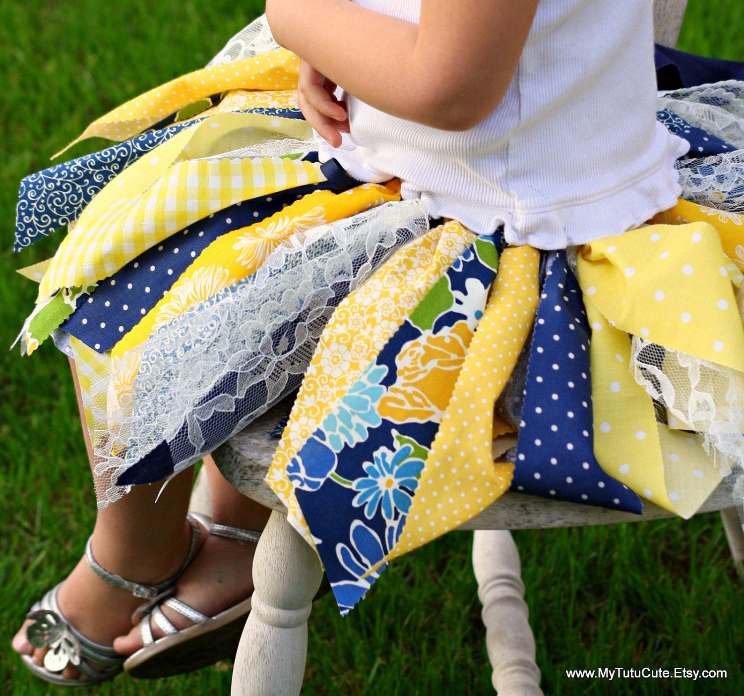 Fabric Scraps Tutu Skirt  Navy and Yellow MADE TO ORDER size Newborn to 4T