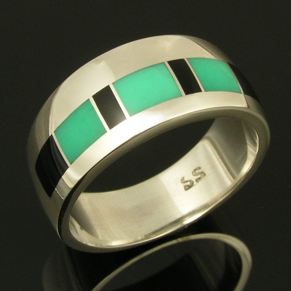 Sterling silver band inlaid with chrysoprase and black onyx.