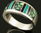 Black Onyx, Gem Silica and Chalcosiderite Inlay Ring
