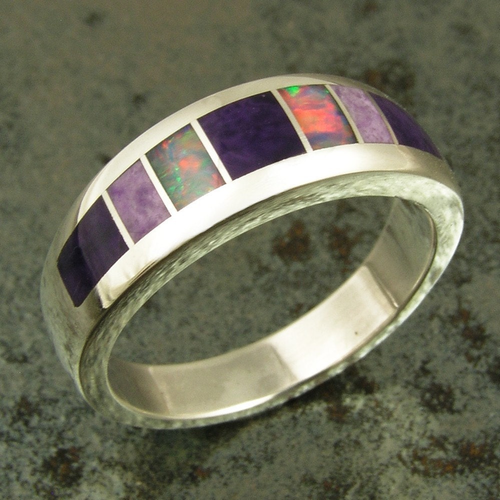 Sterling silver band inlaid with sugilite and Australian opal.