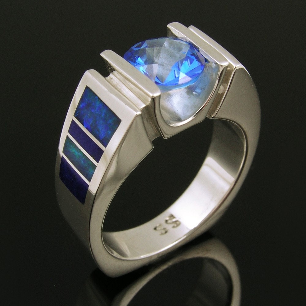 Blue topaz sterling silver ring inlaid with lapis and Australian opal