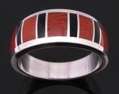 Fossilized red horn coral inlay sterling silver ring