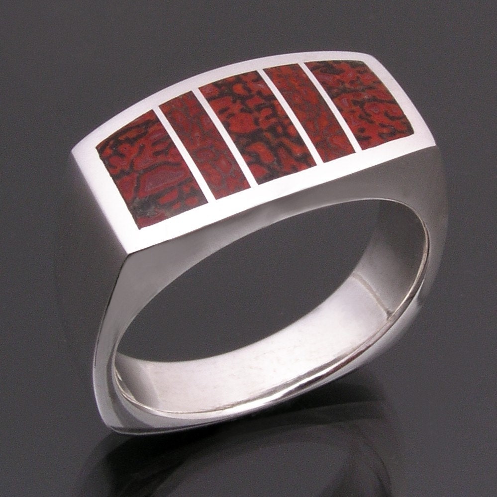 Red dinosaur bone ring in sterling silver
