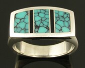 Spiderweb Turquoise Ring with Black Onyx in Sterling Silver