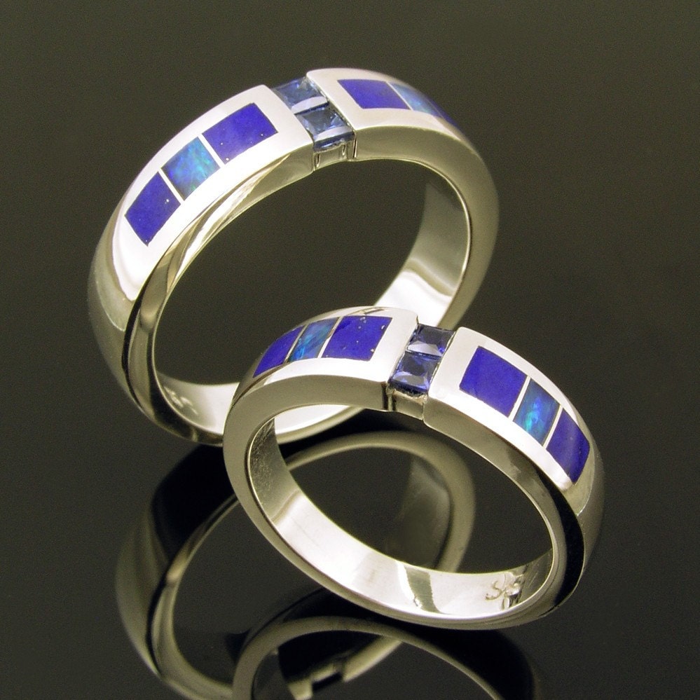 His and hers wedding ring set with blue sapphires, lapis and opal inlay