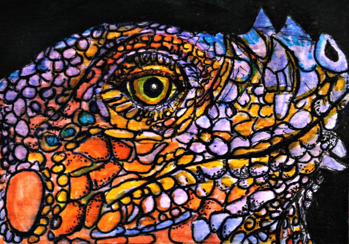 ACEO - Art Card for sale, whimsical art card of lizard done in markers
