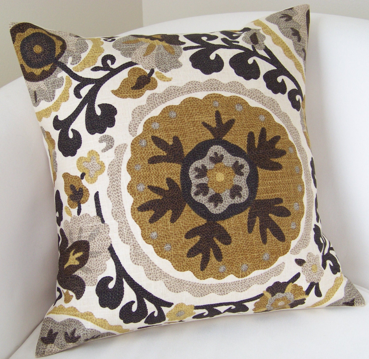 Suzani Pillow Cover 18x18 Inch Brown Decorative Throw Pillow Accent Cushion