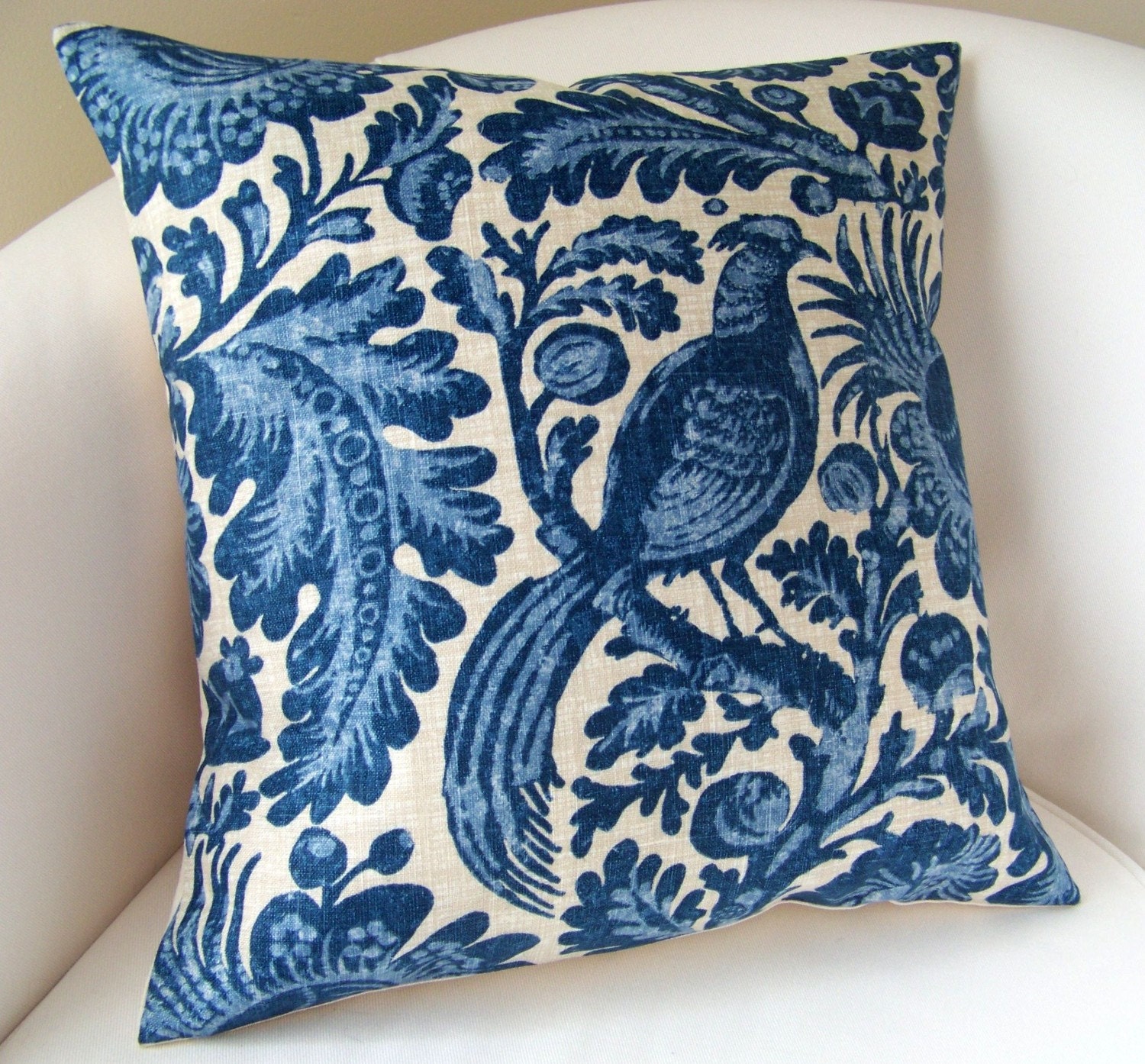 Decorative Throw Pillow Cover Indigo Blue Pillow Peacock 18x18 Inch Cushion Accent Throw