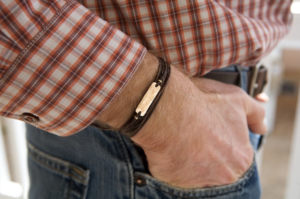 Bronze and Leather Men's Bracelet with matching pounded button