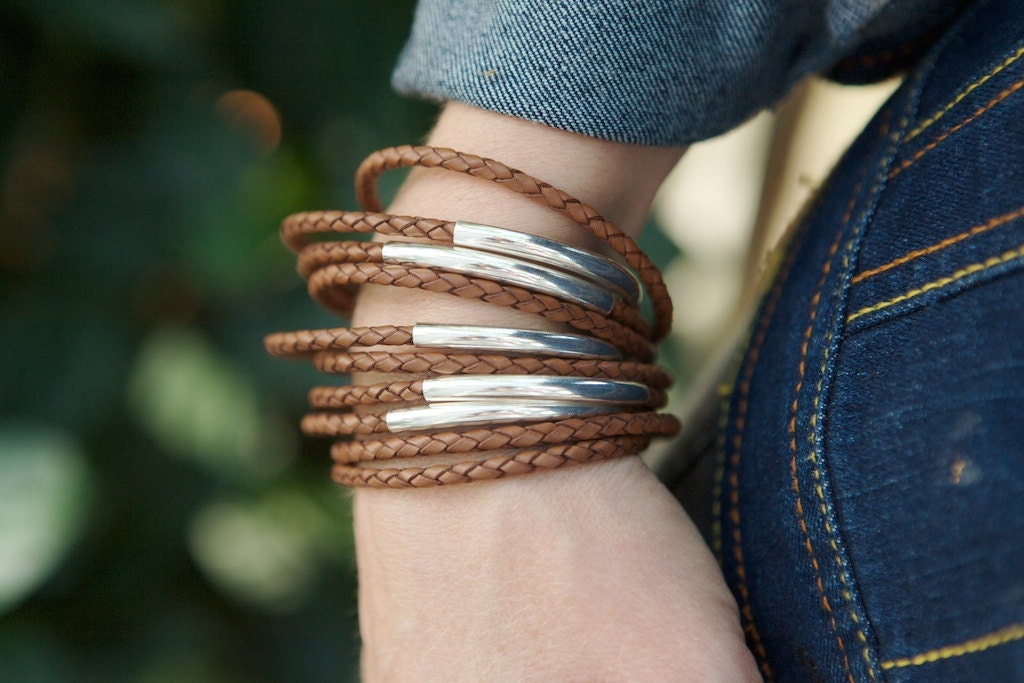 Ten Braided Leather and Sterling Silver Bangles