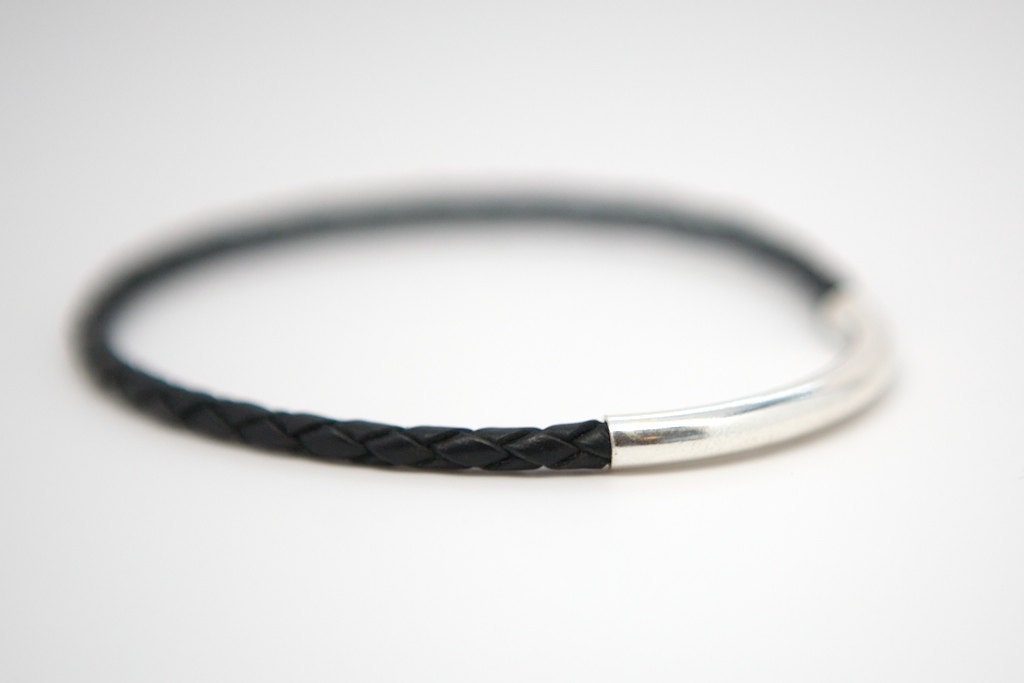 One Single Braided Leather and Sterling Silver Bangle