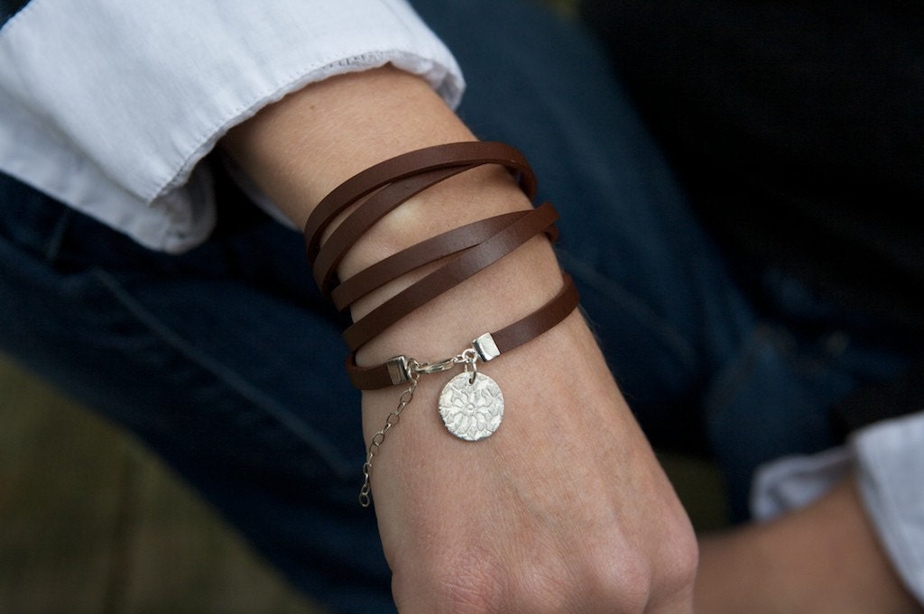 Five Time Red Brown Leather Wrap with Circular Floral Charm